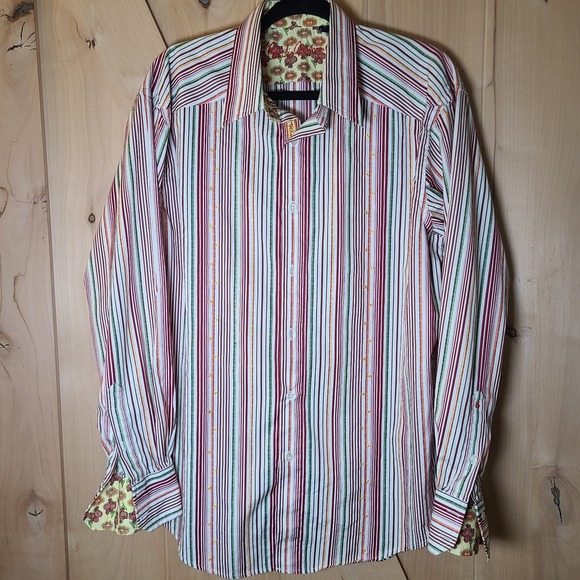 Robert Graham‎ Men's XL Button Down Striped Long Sleeve Shirt Flip Cuffs Floral - Picture 2 of 9